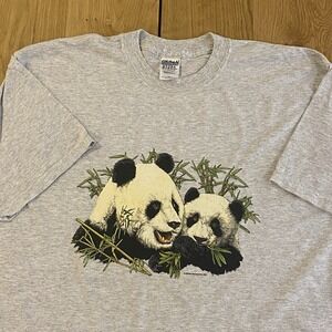Vintage Giant Panda Mom & Baby Endangered Species T Shirt Mens XL Gray Y2K